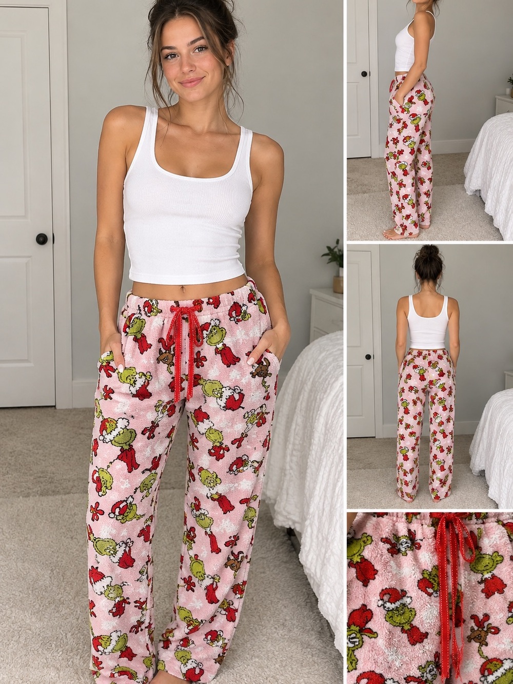 The Grinch Women’s Small Pink Pajama Pants Grinch Face Cozy Christmas Sleepwear